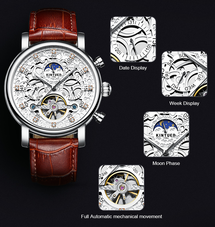 KINYUED Watch Leather Strap Tourbillon Skeleton Watches Men Luxury In Stock Automatic Mechanical Watch