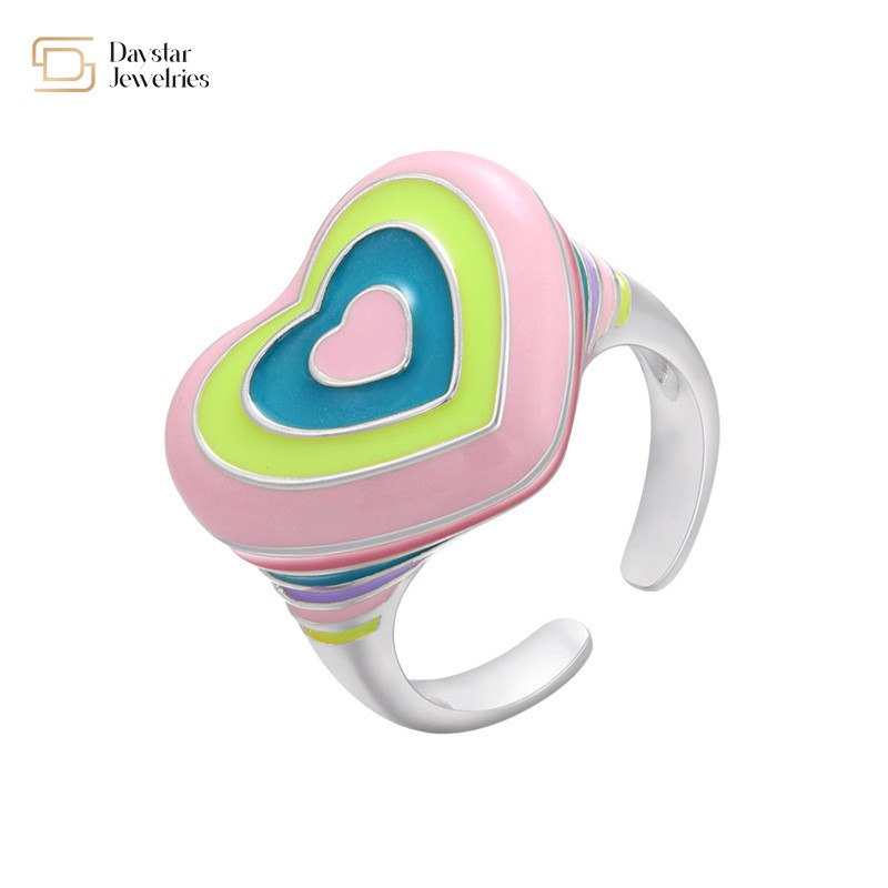 Y2k Rainbow Heart Women Jewelry Rings Colorful Enamel Gold Plated
