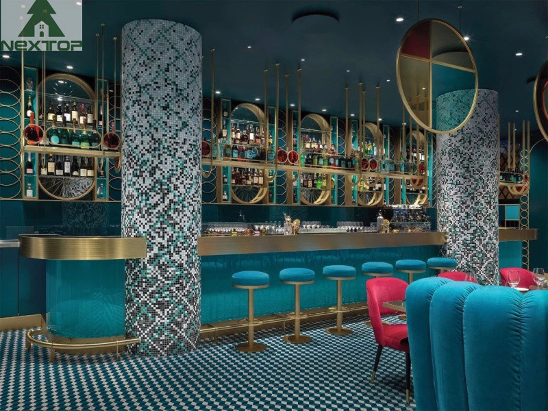 Retro One Stop Solution Bar Restaurant Booth Seating Long Couch Railing Screen Wall Cabinet