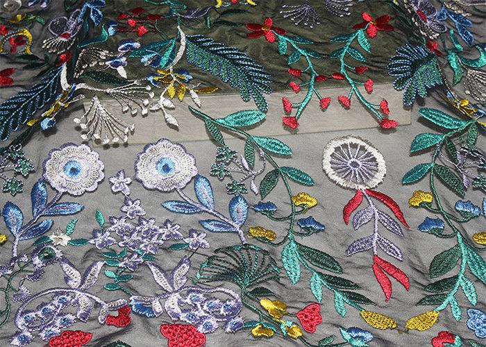 Fancy Multi Colored Floral Embroidered Lace Fabric 120 CM Polyester