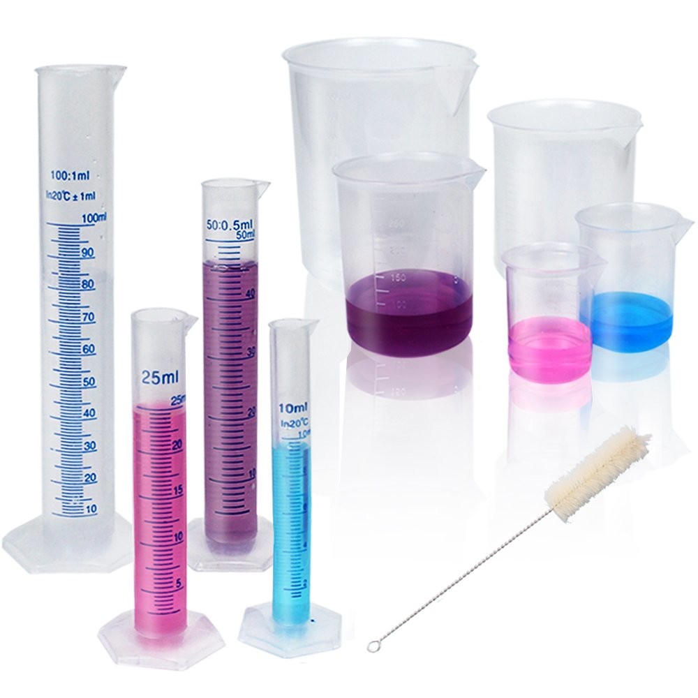 Plastic Graduated Cylinders And Beakers 5 Pipettes, 10ml 25ml 50ml 100ml Cylinders, 50ml 100ml 250ml 500ml 1000ml