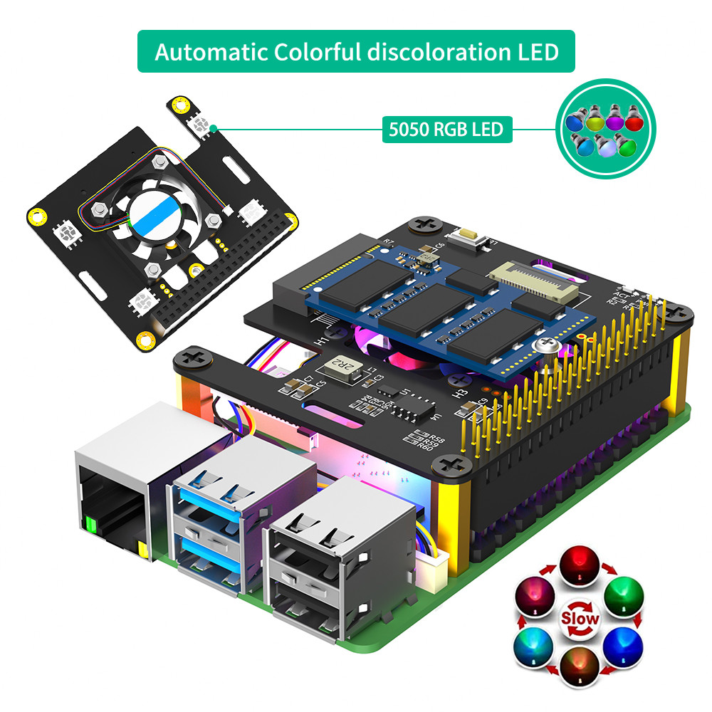New version 3 in 1 Combo M.2 NVMe to PCIe Adapter with cooler fan and Automatic Discoloration LED for Raspberry Pi 5