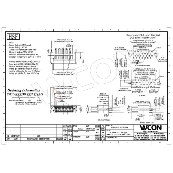 1.27mm board to board connector, female, stacking height mating with 6320D 68 pins