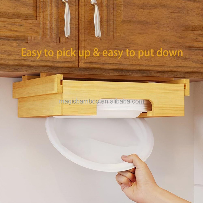 Adjustable Bamboo Kitchen Shelf Organiser Single Tier Under Cabinet Paper Plate Dispenser
