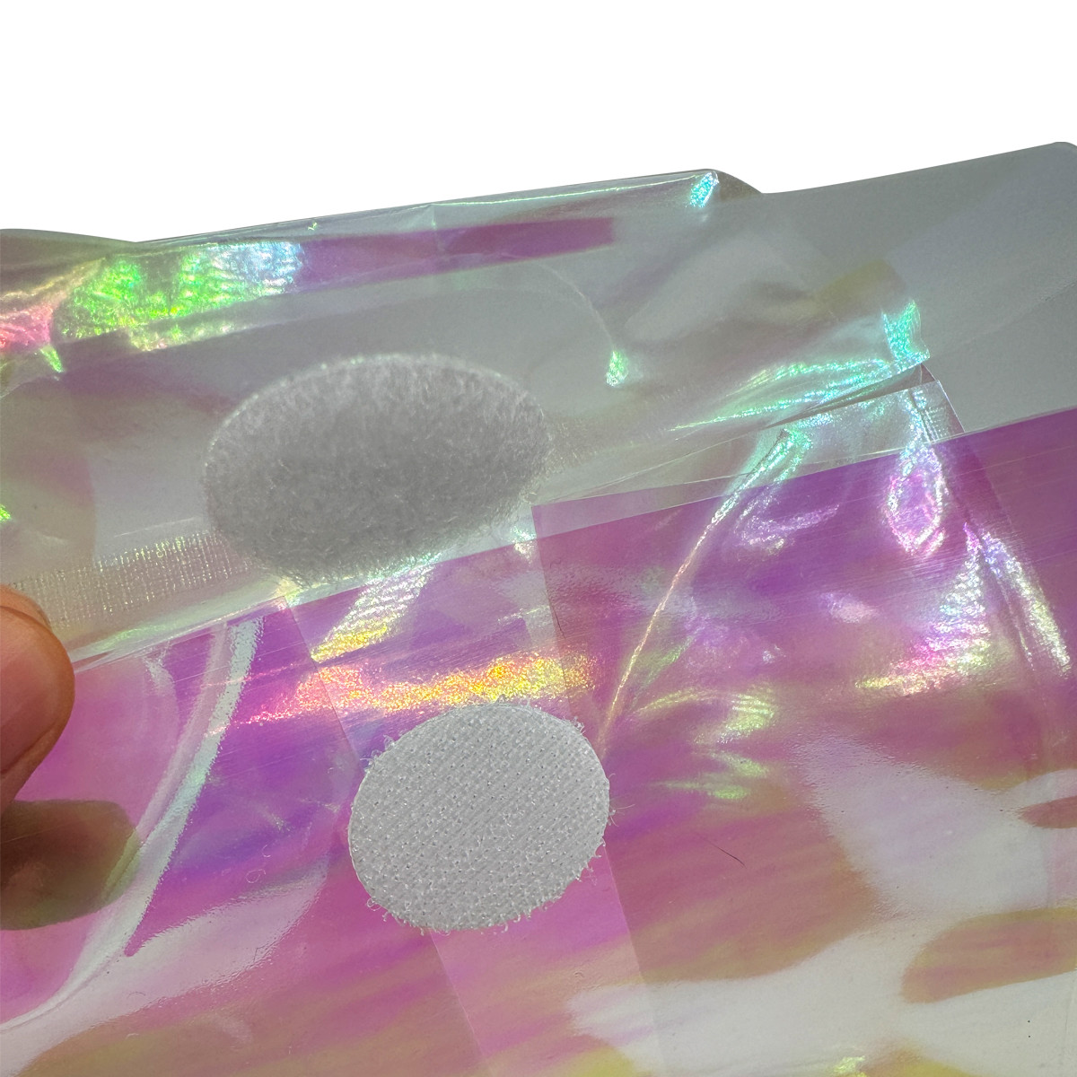 Custom Holographic Pouch Pink Rainbow Clear Flat Bottom Stand Up Bags with Resealable Sticky Button for Candy Accessory