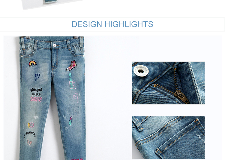 Stretch Girls Denim Clothes Jean Trousers With Custom Color Printed Embroidered Patch