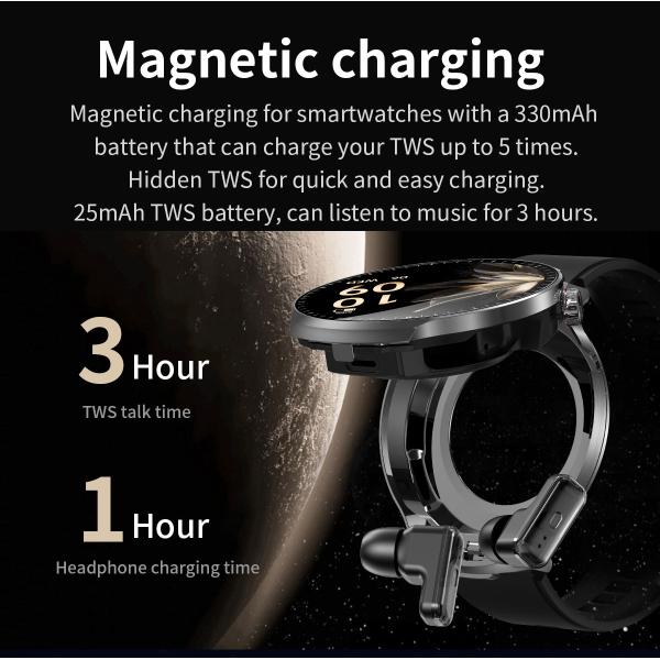 2025 2-in-1 Smart Watch 1.85'' HD Screen IP67 Sports Tracker True Wireless Headphones Fitness