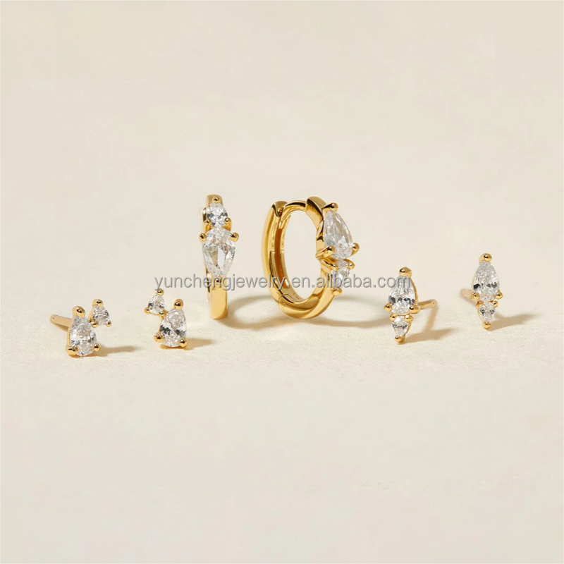 Three Pieces S925 Silver Zircon Earrings Pear Cut Cubic Zirconia Hoop Earrings