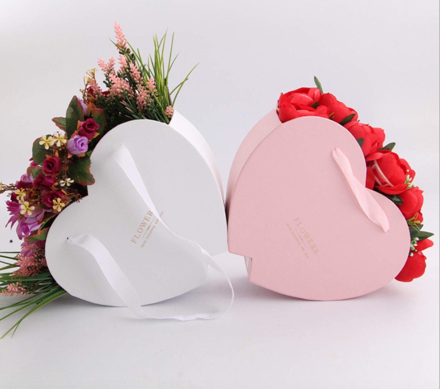 Custom White Rigid Basket Bouquet Packaging with Marble Printing and Portable Handle