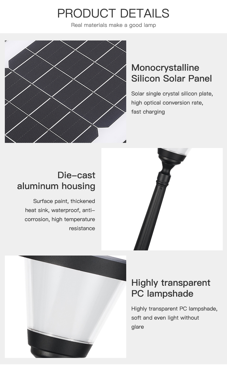 Mono Solar Panel Outdoor Garden Solar Light Integrated Cone For Walkway Driveway