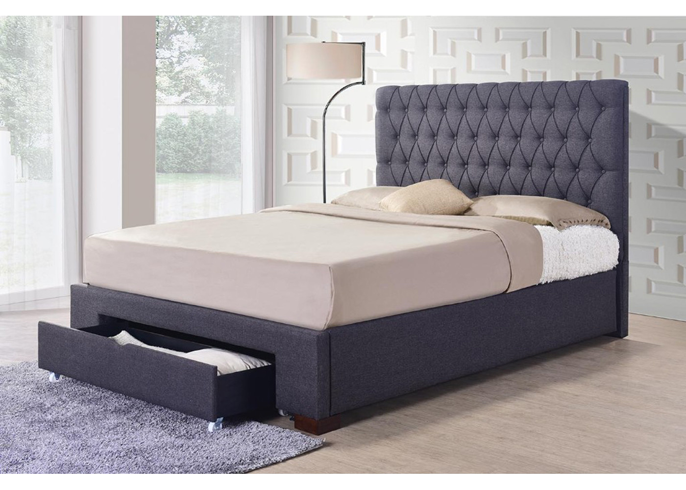 Comfortable Linen Fabric King Bed With Drawer For Apartment Kids Student
