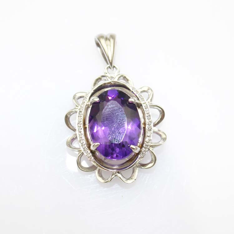 925 Sterling Silver 10mmx14mm Amethyst Cubic Zirconia Pendant and Silver Chain (PSJ0182)
