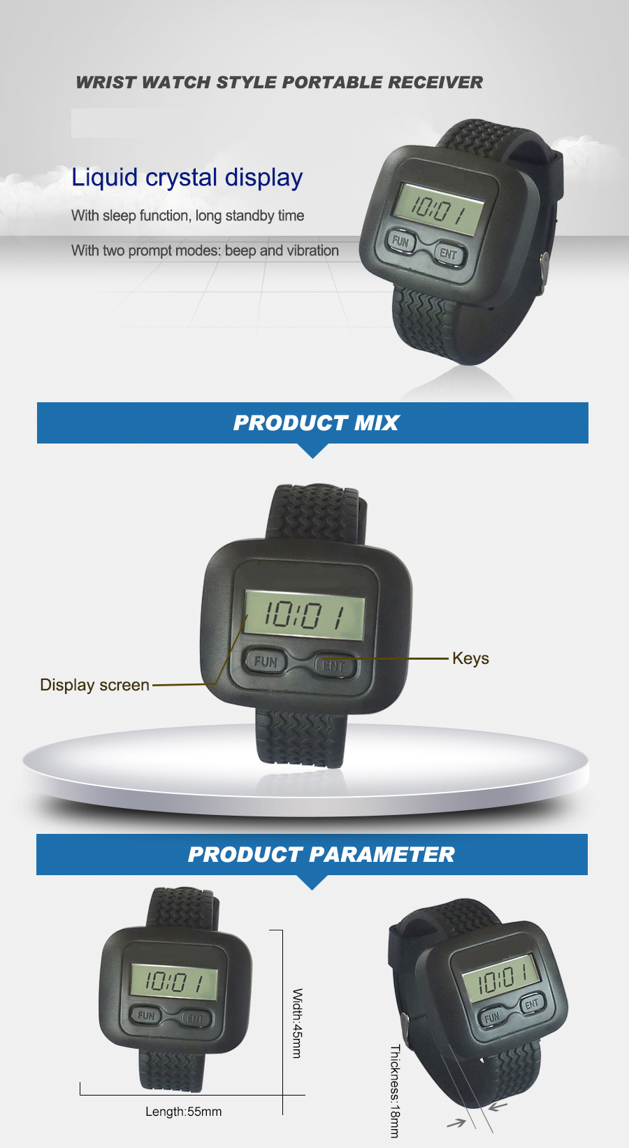 433Mhz hot sale waterproof wireless restaurant waiter wrist watch pager and call button