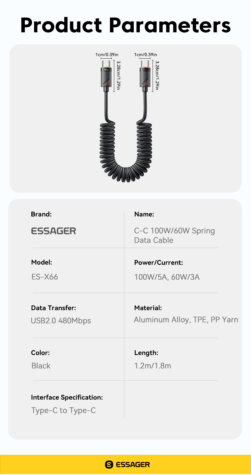 ESSAGER ES-X66 60W 100W Spring Style USB C to USB C Cable USB C PD
