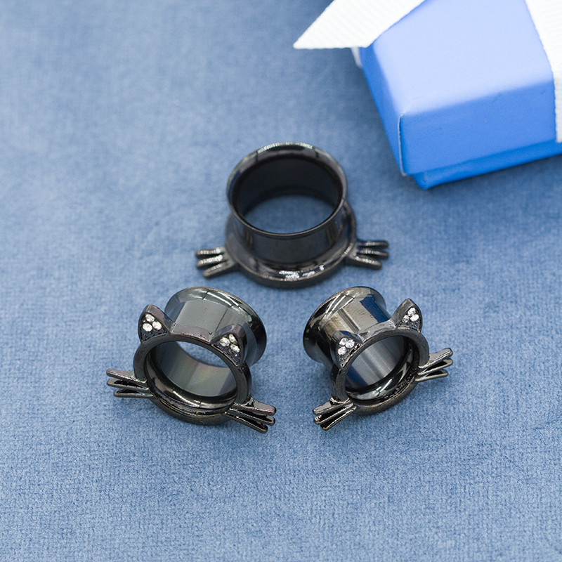 Black Stainless Steel Ear Tunnel Piercing Jewelry Crystal Gems Cat Flesh OEM ODM