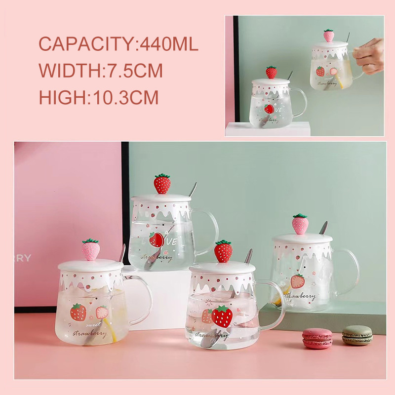 Pink Strawberry Shape Borosilicate Glass Cup 440ml With Heat Transfer
