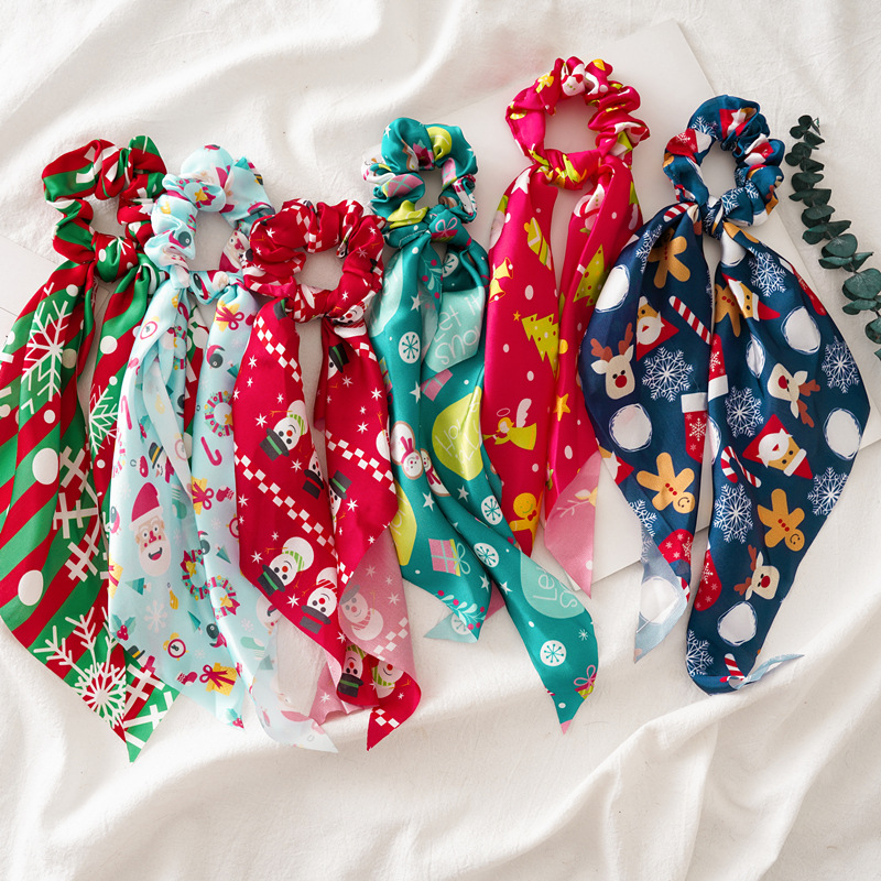 Gold Green Christmas Hair Accessories For Adults Toddlers Headband Cartoon Elk Snowman Scarf Scrunchies 32cm