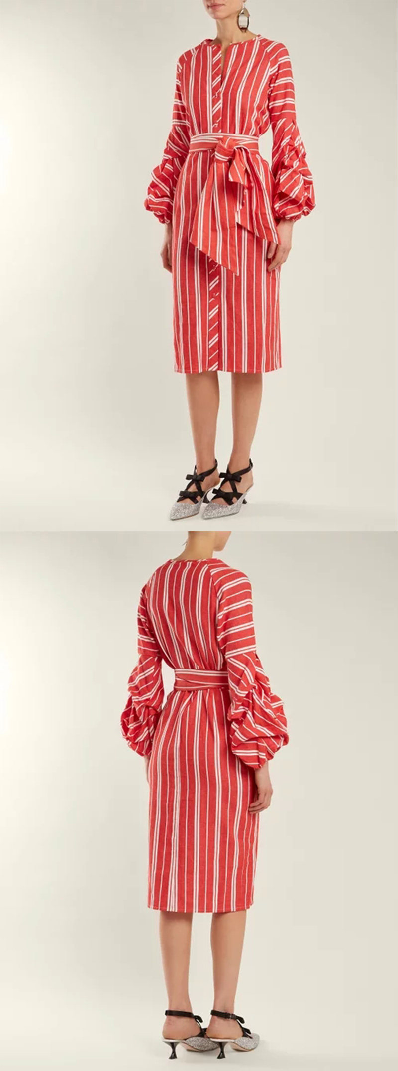 2018 Women Clothes Gathered Bell Sleeves Striped Midi Design Fashion Dresses For Women 2018