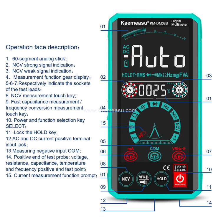 Kaemeasu 08S Voice Broadcast Multimeter Tester Electrician Voltmeter NCV Ture RMS Voltage Tester