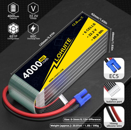 22.2V 4000mAh 6S Battery Dean 60C 6S LIPO BATTERY 4000MAH For Long-Lasting Performance