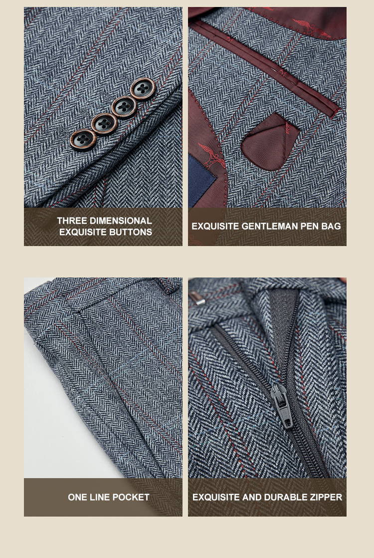 Professional Men's Suit Customized Wool and Silk Gray Plaid Coat for Business Wear