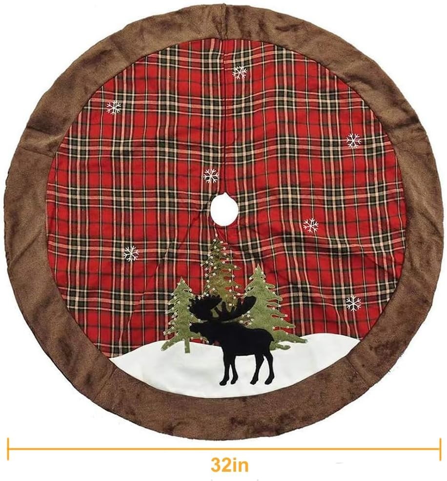 Christmas Tree Skirt, 32 Inches Plaid Tree Skirt with Reindeer, Borwn Faux Fur Border Trim for Xmas Holiday Party Decor