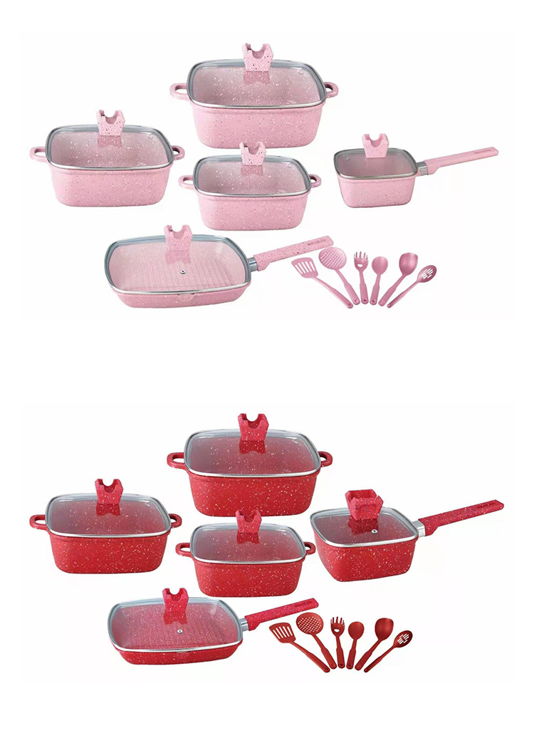16Pcs Maifan Stone Aluminum Cookware Set With Anti Heat Handle