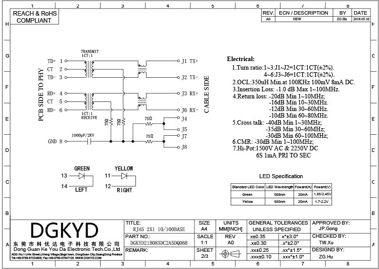 DGKYD21B083DC2A5DQ068 Stacked Multi-Port 100M RJ45 7Pin RJ45 Modular Jack Ethernet Filter RJ45