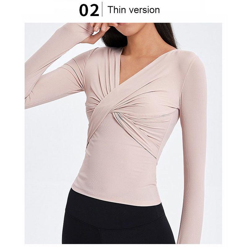 Cross Folded Ladies Yoga Tops Long Sleeve V Neck Sports Shirts With Thumb Hole