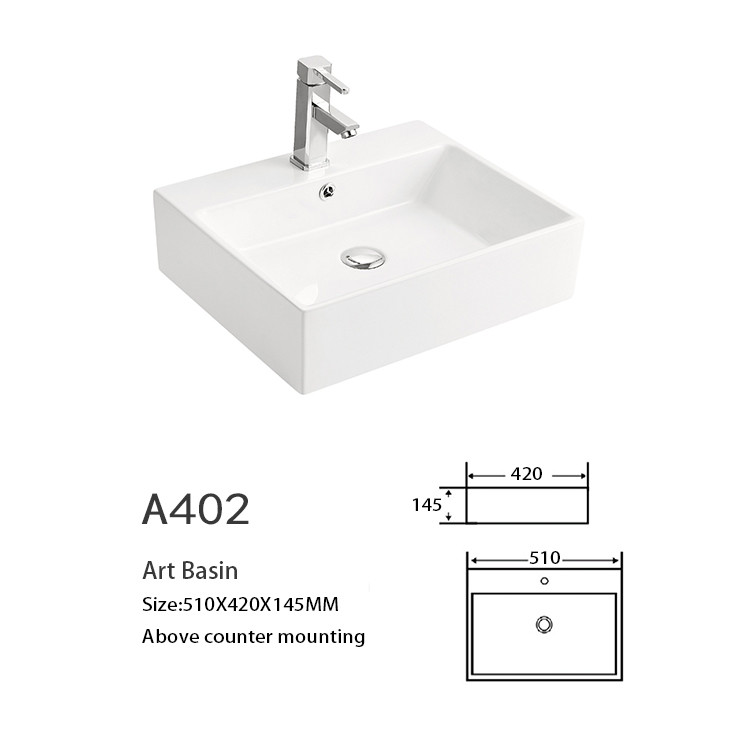 Integral Molded Counter Top Bathroom Sink 500 X 350mm Square Vessel Sink