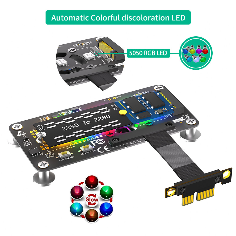 PCI- E X1 to M.2 NVME NGFF SSD Adapter Extension Cable With Cooling Fan and Automatic Discoloration LED.