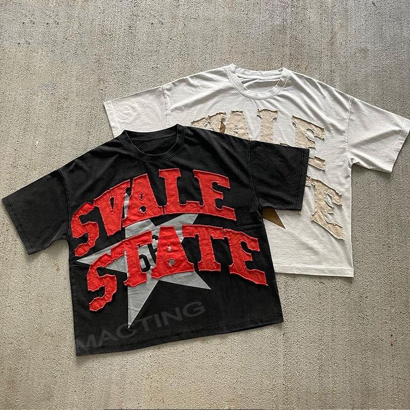 Custom Summer Heavyweight Vintage Distressed Patch Embroidery Acid Wash Cotton T-shirt Men