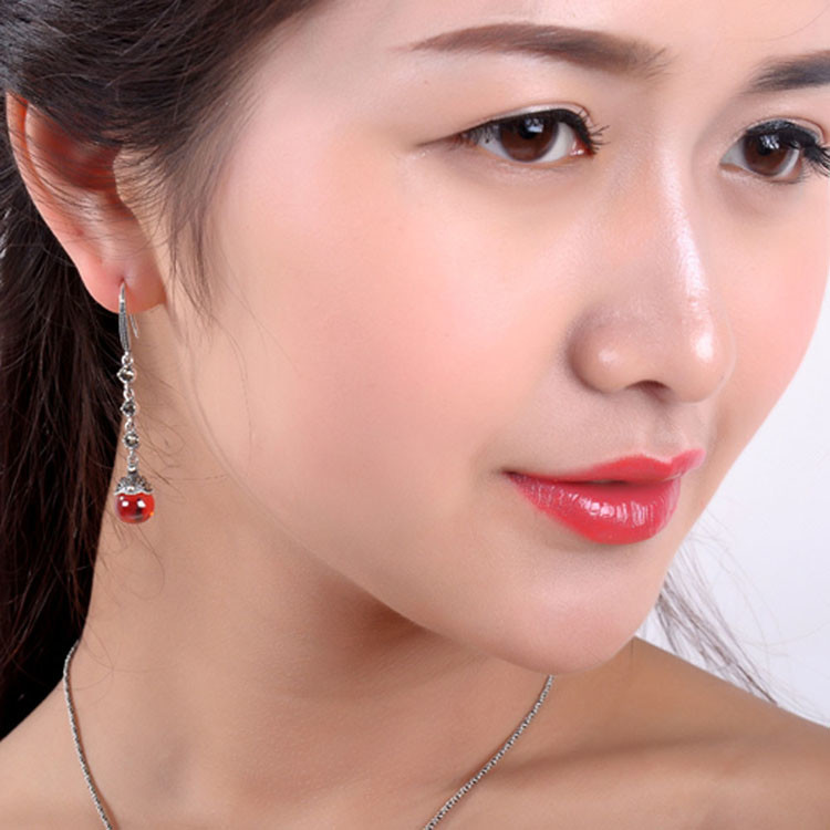 Antique Thai Silver Jewelry Sterling Silver Red Garnet Marcasite Drop Dangle Earring (E12031RED)
