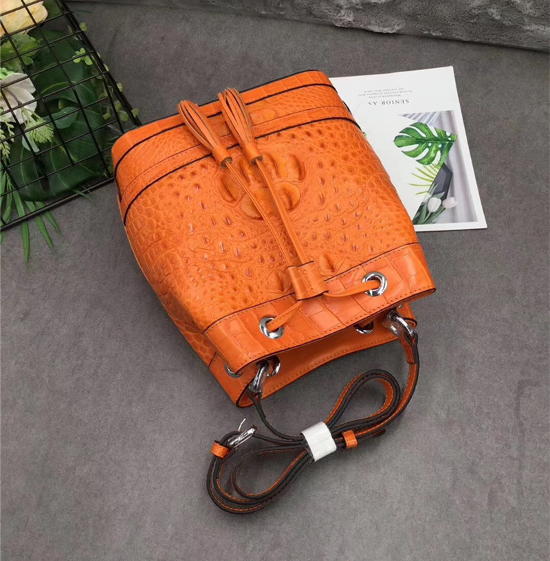 Authentic Crocodile Skin Drawstring Closure Women's Bucket Purse Exotic Alligator Leather Lady Small Tassel Shoulder Bag