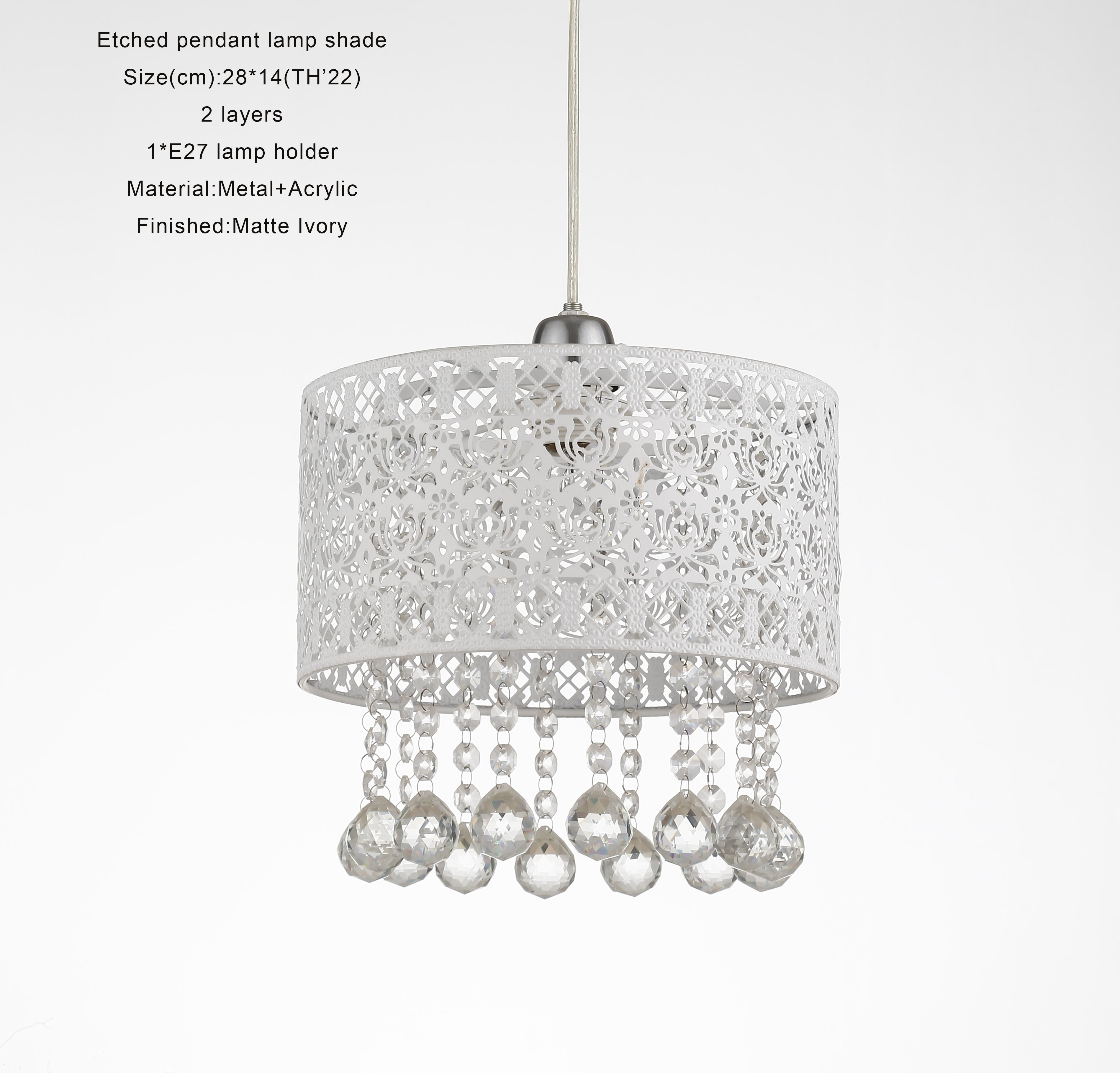OEM ODM Matt Ivory Metal Etched Pendant Light With Clear Water Drop Bead