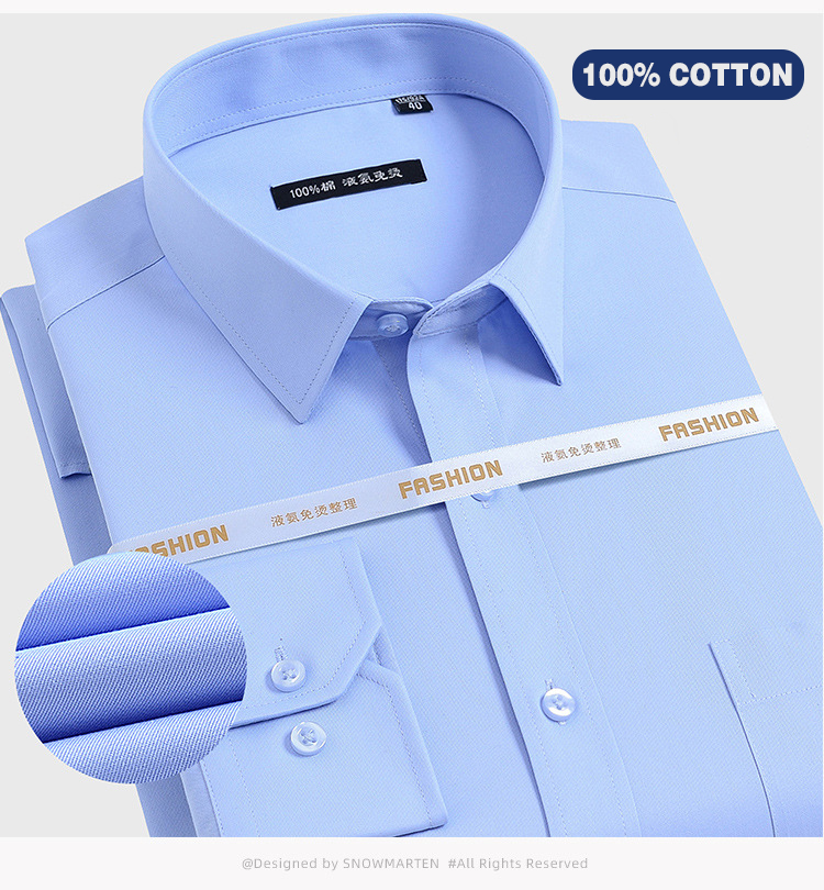 Four Seasons Work Blue Men's Long-Sleeved Shirt Pure Cotton and Liquid Ammonia Fabric