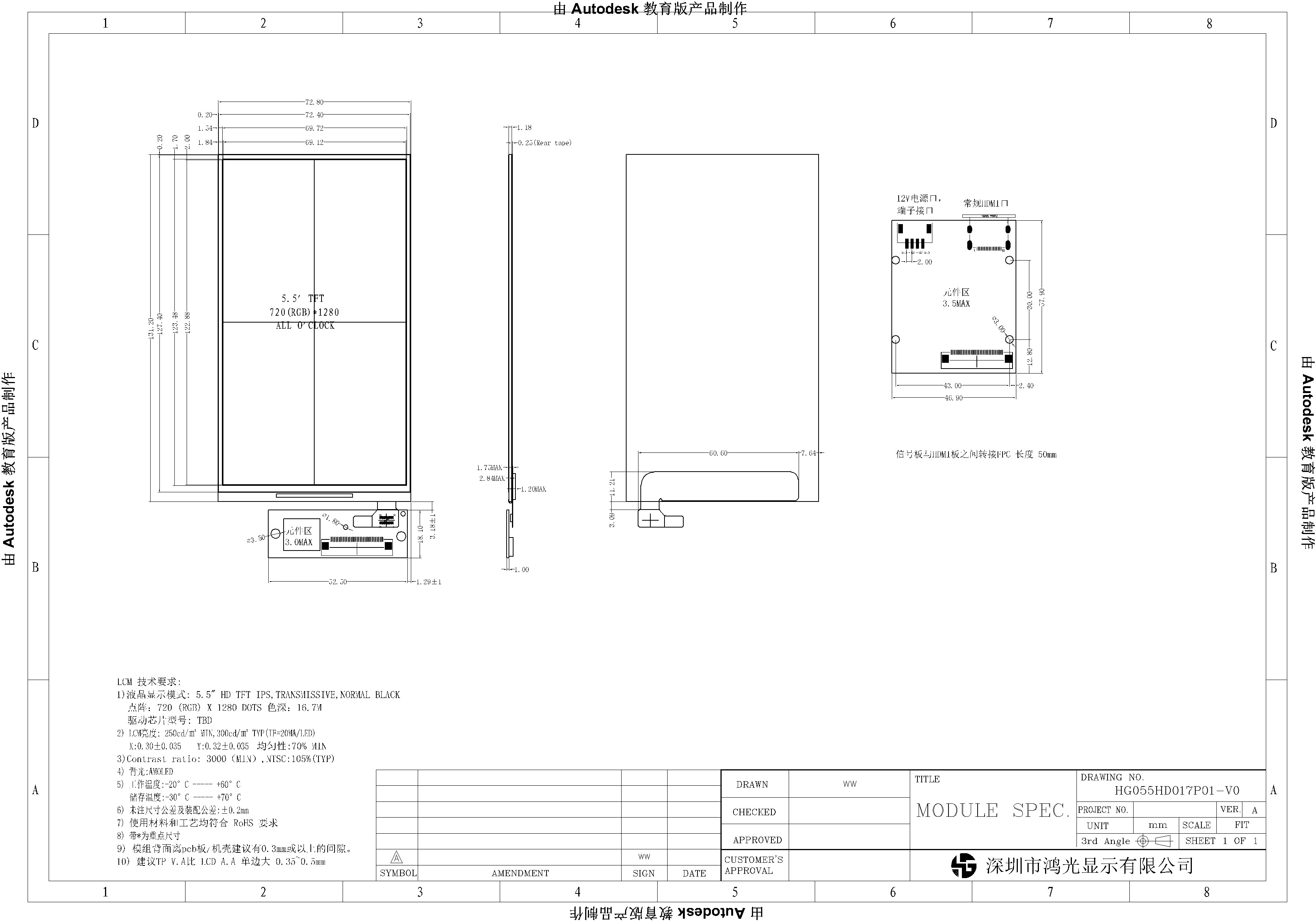 Security 720x1280 AMOLED LCD Screen 5.5 Inch IPS MIPI Interface