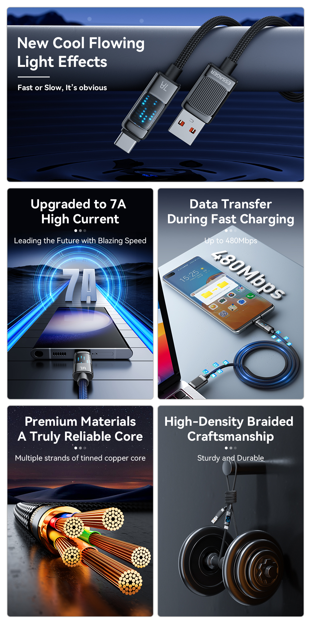 7A Max 100W USB A To C Type C Charging Cable ESSAGER ES-X58 Series
