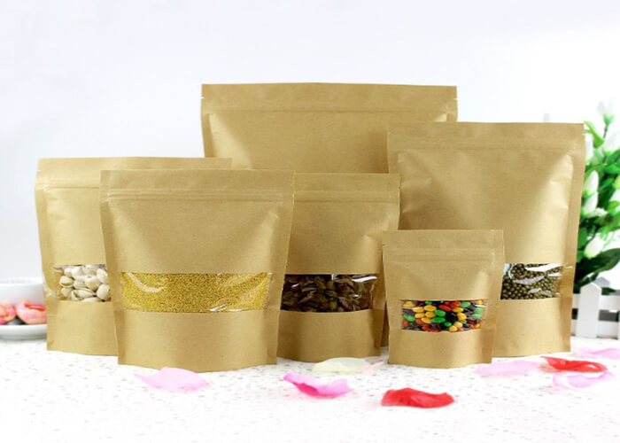 Customized Flexible Pouch Packaging 5g Kraft Paper Bags Clear Front Printed Laminated