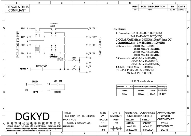 DGKYD111B206AB2A1D RJ45 Connector 100M Horizontal 90 Degrees Straight Plug With Light And Shield