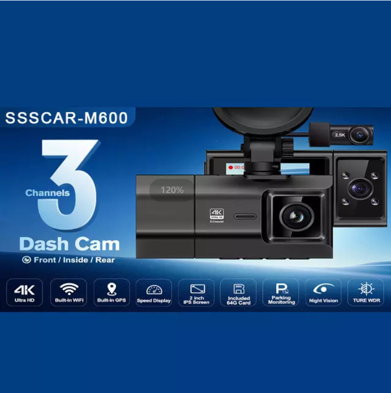 WDR 128GB 4K GPS Dash Cam Dash Mounted Camera 3 Channels