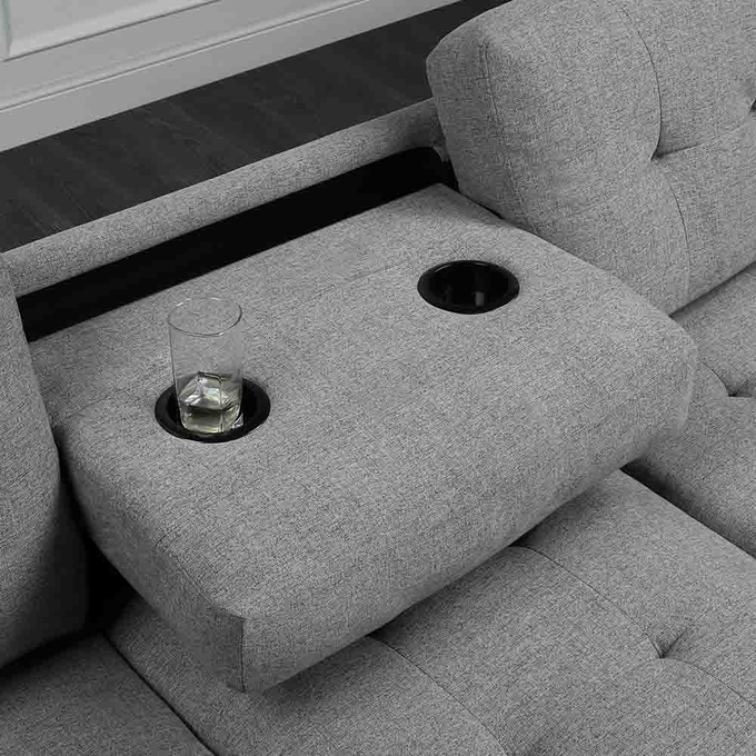 L Shaped Sectional Sofa with Dropdown Table and Reversible Chaise and Storage Ottoman, Gray Linen