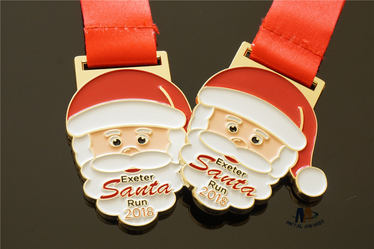 Santa Relief Metal Award Medals Die Casting Soft Enamel Smooth Back With Sublimated Ribbon