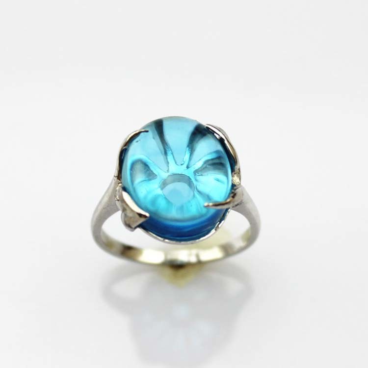 Gemstone Jewelry 12mmx14mm Oval Dome Blue Topaz Cubic Zirconia 925 Silver Ring(R44)