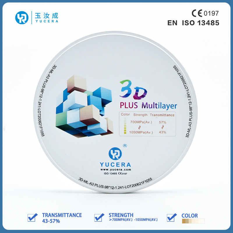 Yucera Multilayer Zirconia Block 43%-57% 700Mpa-1050Mpa Dental Zirconia Ceramic Disc