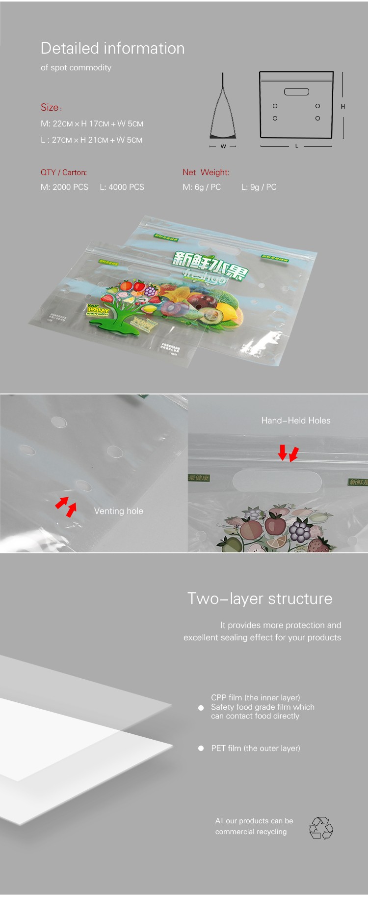 Disposable Plastic Fresh Fruit Packaging Bags Custom Printing With Punching Hole