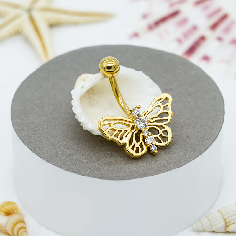 silver gold Butterfly Belly Button Ring zircon gems 316 Stainless Steel bar