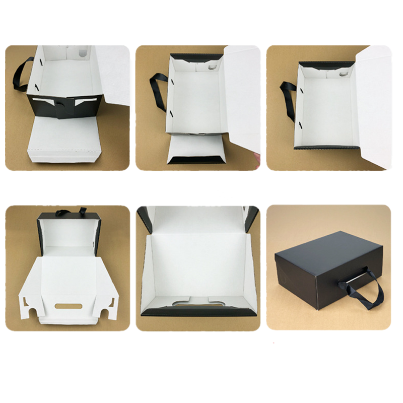 Ribbon Handle Foldable Corrugated Cardboard Handbag Packaging Box for Socks Clothing