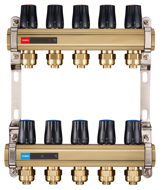 6123 Brass Water Distribution Manifolds Branches Supply / Return Flowrate Tunable with Realtime Temp. Reader