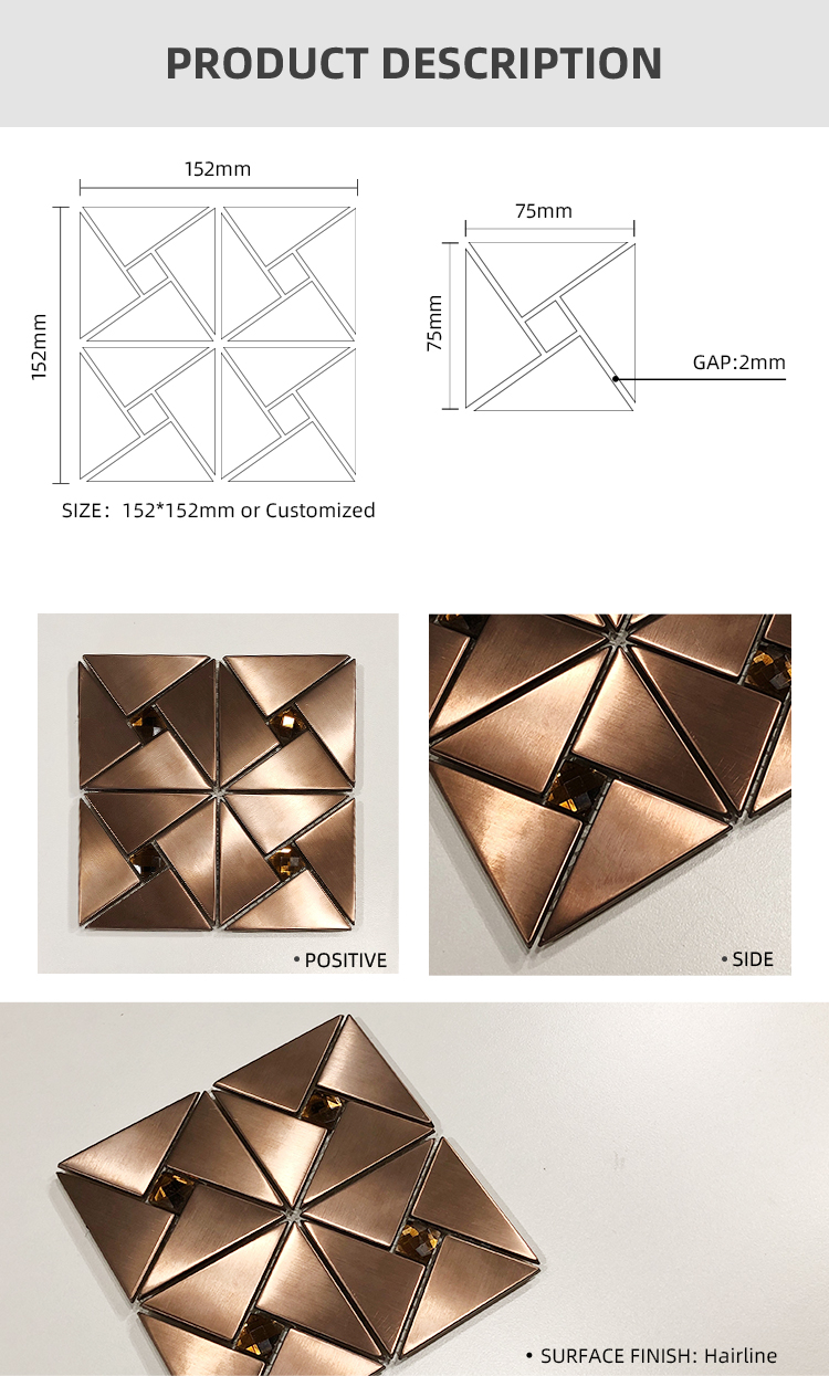 201 304 Hairline Copper Color Stainless Steel Mosaic Tile Backsplash Sheets 6mm
